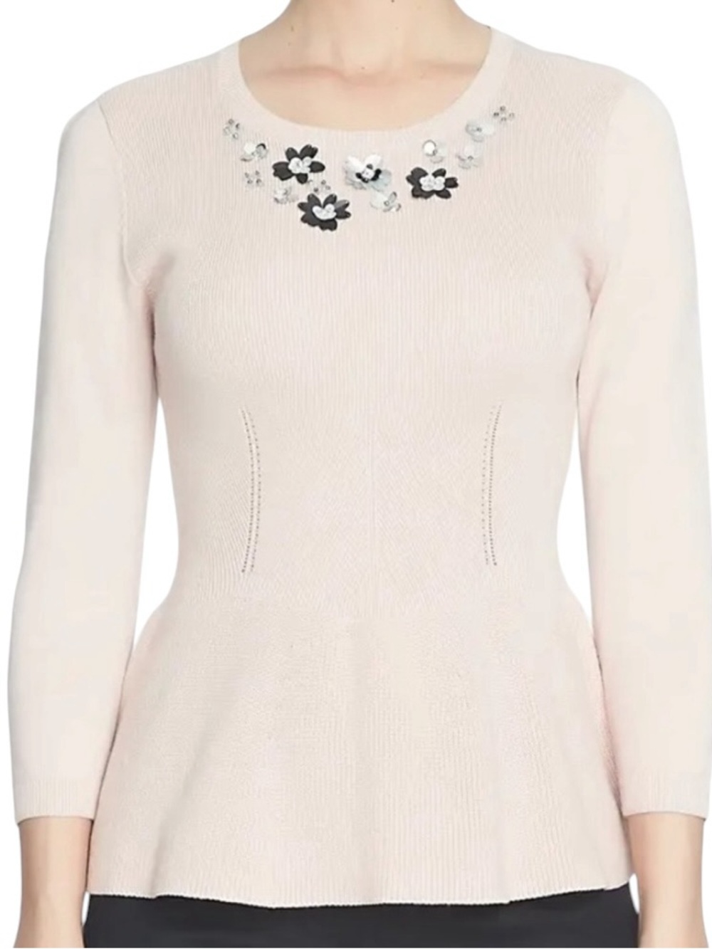 CeCe Blush Pink‎ Floral Embellished Peplum Sweater Top